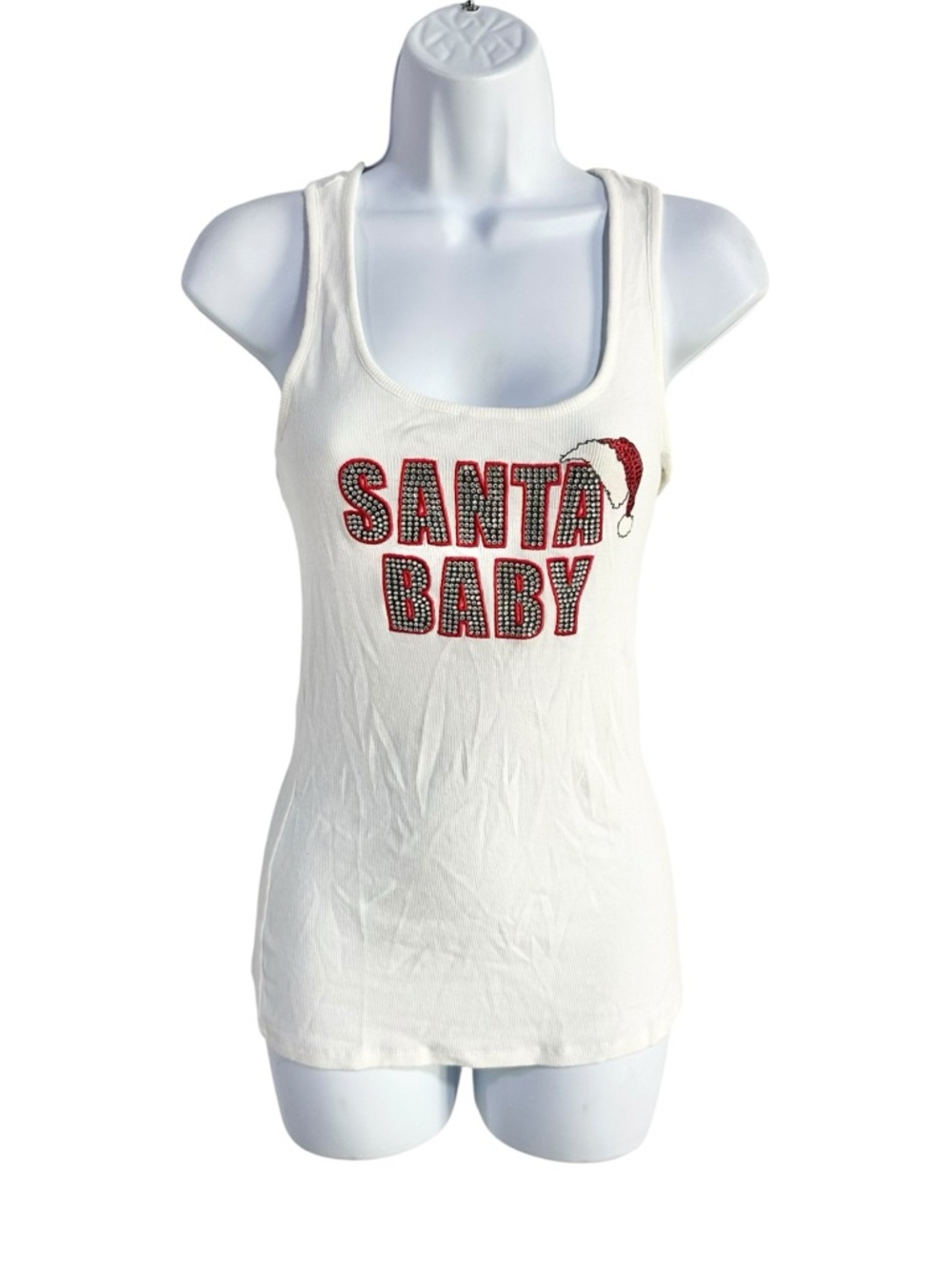 INC International Concepts White Tank with Bedazzled Santa Baby Design - S
